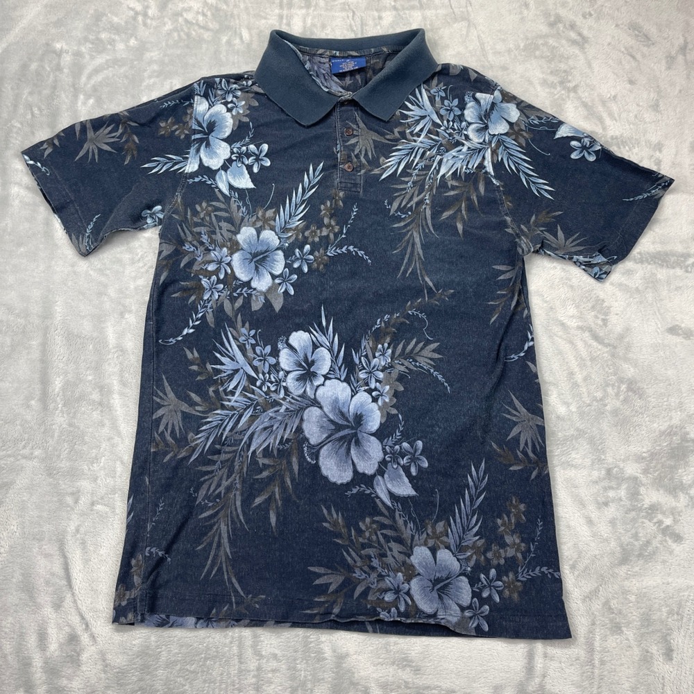 World‎ Island Button Up Polo Shirt Mens XL Short Sleeve Blue Floral Aloha